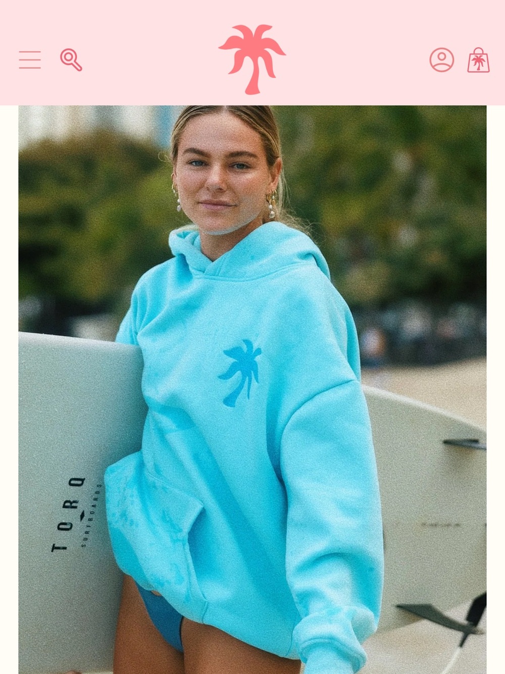 Pink Palm Puff "Hawaii Hibiscus" Hoodie in Aquamarine